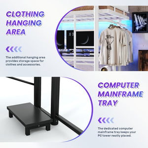 English Elm Full Metal Loft Bed with L-Shaped Desk LED Lighting Charging Station and PC Tray W5305P471268