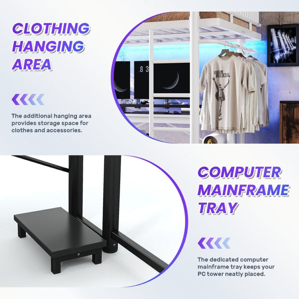 English Elm Full Metal Loft Bed with L-Shaped Desk LED Lighting Charging Station and PC Tray W5305P471268