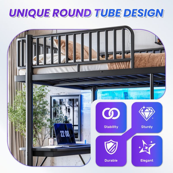 English Elm Full Metal Loft Bed with L-Shaped Desk LED Lighting Charging Station and PC Tray W5305P471268