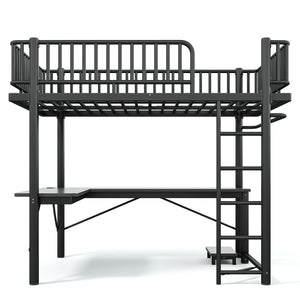 English Elm Full Metal Loft Bed with L-Shaped Desk LED Lighting Charging Station and PC Tray W5305P471268