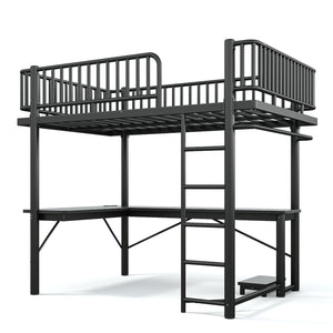 English Elm Full Metal Loft Bed with L-Shaped Desk LED Lighting Charging Station and PC Tray W5305P471268