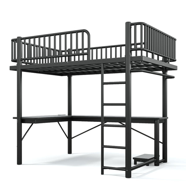 English Elm Full Metal Loft Bed with L-Shaped Desk LED Lighting Charging Station and PC Tray W5305P471268