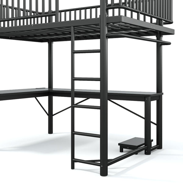 English Elm Full Metal Loft Bed with L-Shaped Desk LED Lighting Charging Station and PC Tray W5305P471268