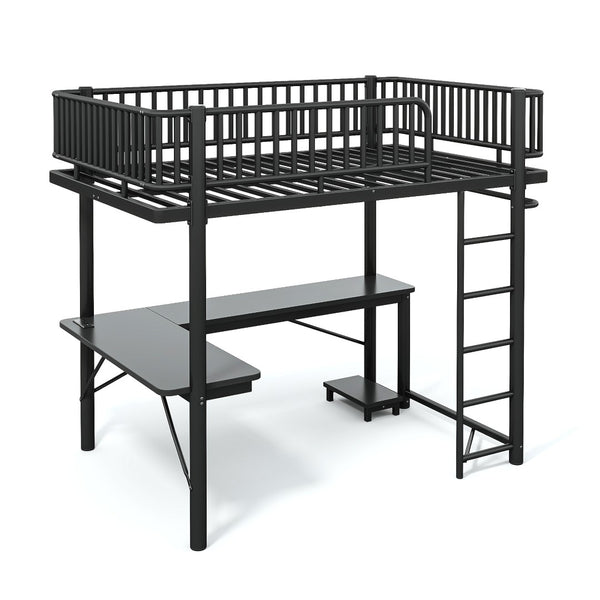 English Elm Full Metal Loft Bed with L-Shaped Desk LED Lighting Charging Station and PC Tray W5305P471268