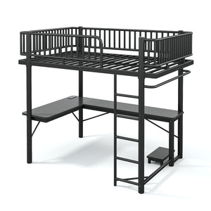 English Elm Full Metal Loft Bed with L-Shaped Desk LED Lighting Charging Station and PC Tray W5305P471268