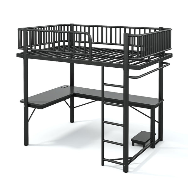 English Elm Full Metal Loft Bed with L-Shaped Desk LED Lighting Charging Station and PC Tray W5305P471268