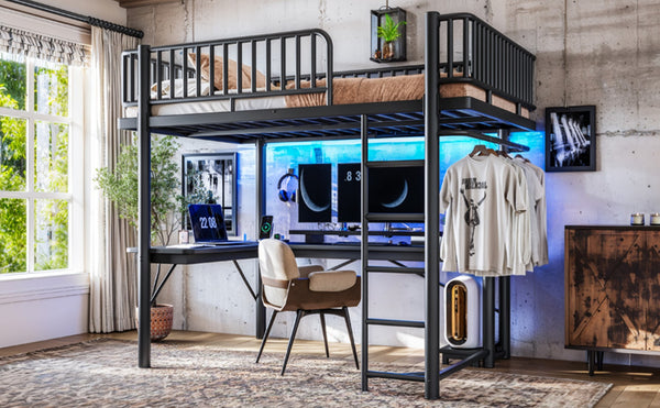 English Elm Full Metal Loft Bed with L-Shaped Desk LED Lighting Charging Station and PC Tray W5305P471268