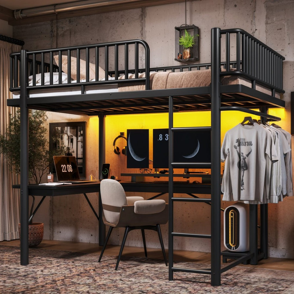English Elm Full Metal Loft Bed with L-Shaped Desk LED Lighting Charging Station and PC Tray W5305P471268