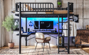 English Elm Full Metal Loft Bed with L-Shaped Desk LED Lighting Charging Station and PC Tray W5305P471268