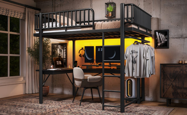 English Elm Full Metal Loft Bed with L-Shaped Desk LED Lighting Charging Station and PC Tray W5305P471268