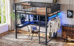 English Elm Full Metal Loft Bed with L-Shaped Desk LED Lighting Charging Station and PC Tray W5305P471268