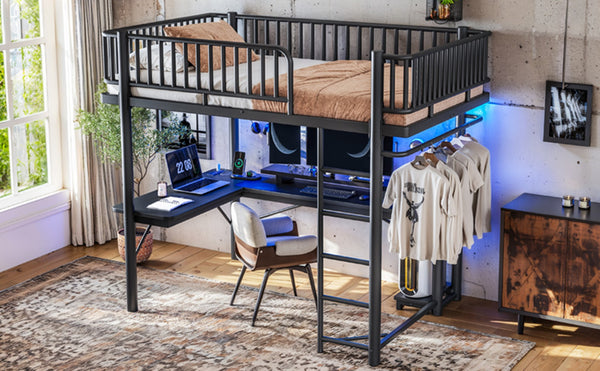 English Elm Full Metal Loft Bed with L-Shaped Desk LED Lighting Charging Station and PC Tray W5305P471268