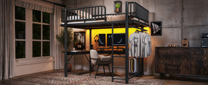 English Elm Full Metal Loft Bed with L-Shaped Desk LED Lighting Charging Station and PC Tray W5305P471268
