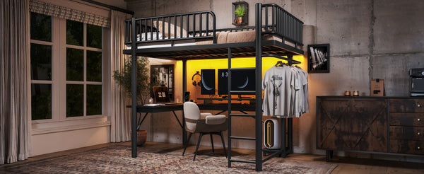 English Elm Full Metal Loft Bed with L-Shaped Desk LED Lighting Charging Station and PC Tray W5305P471268