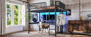 English Elm Full Metal Loft Bed with L-Shaped Desk LED Lighting Charging Station and PC Tray W5305P471268