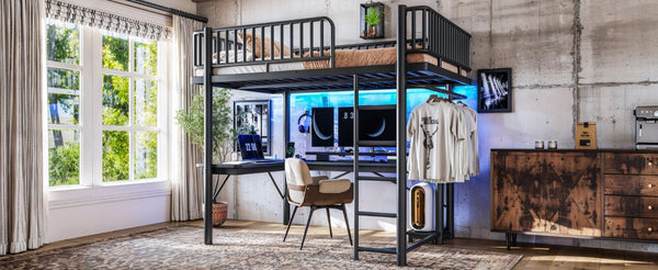 English Elm Full Metal Loft Bed with L-Shaped Desk LED Lighting Charging Station and PC Tray W5305P471268
