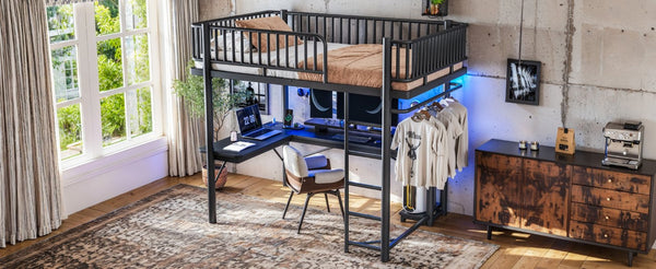 English Elm Full Metal Loft Bed with L-Shaped Desk LED Lighting Charging Station and PC Tray W5305P471268