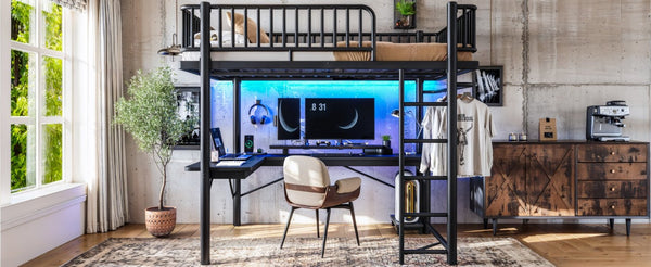 English Elm Full Metal Loft Bed with L-Shaped Desk LED Lighting Charging Station and PC Tray W5305P471268