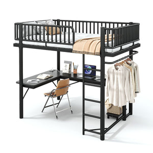 English Elm Full Metal Loft Bed with L-Shaped Desk LED Lighting Charging Station and PC Tray W5305P471268