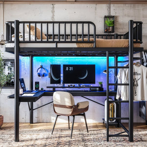 English Elm Full Metal Loft Bed with L-Shaped Desk LED Lighting Charging Station and PC Tray W5305P471268
