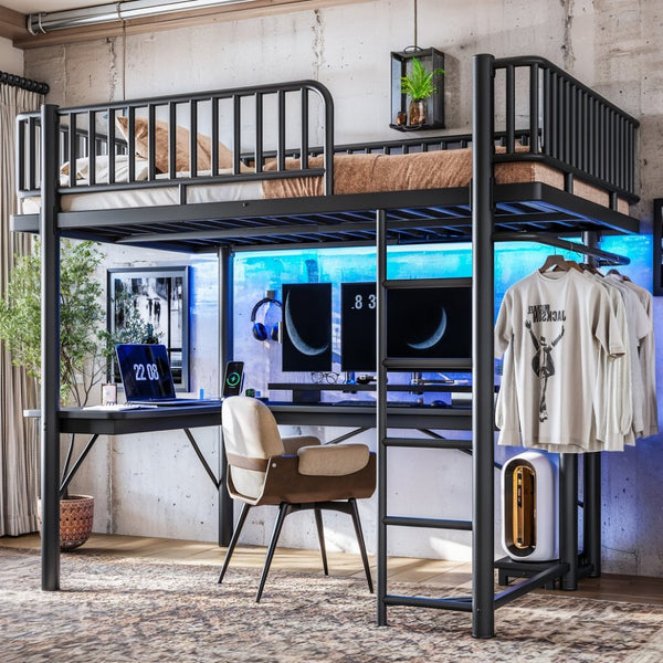 English Elm Full Metal Loft Bed with L-Shaped Desk LED Lighting Charging Station and PC Tray W5305P471268