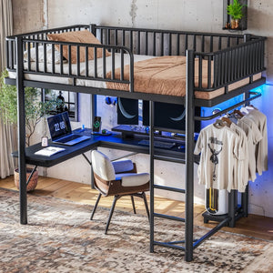 English Elm Full Metal Loft Bed with L-Shaped Desk LED Lighting Charging Station and PC Tray W5305P471268