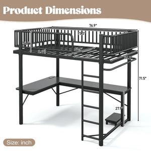 English Elm Full Metal Loft Bed with L-Shaped Desk LED Lighting Charging Station and PC Tray W5305P471268