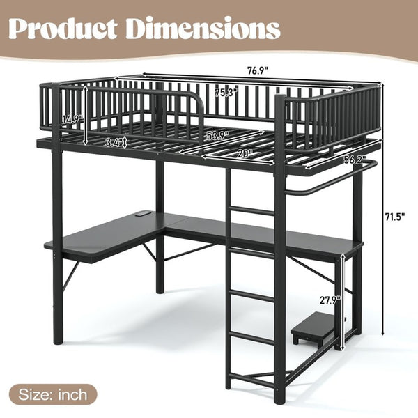 English Elm Full Metal Loft Bed with L-Shaped Desk LED Lighting Charging Station and PC Tray W5305P471268