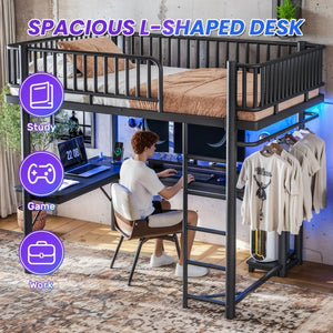 English Elm Full Metal Loft Bed with L-Shaped Desk LED Lighting Charging Station and PC Tray W5305P471268