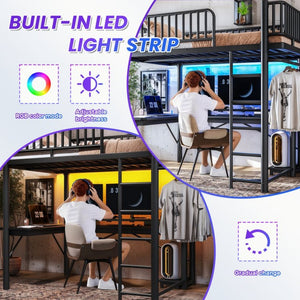 English Elm Full Metal Loft Bed with L-Shaped Desk LED Lighting Charging Station and PC Tray W5305P471268
