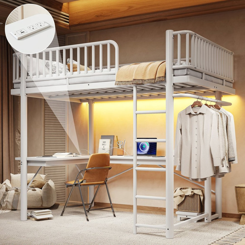 English Elm Full Metal Loft Bed with L-Shaped Desk LED Lighting and Built-In Charging Station W5305P471271