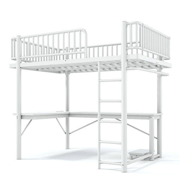 English Elm Full Metal Loft Bed with L-Shaped Desk LED Lighting and Built-In Charging Station W5305P471271