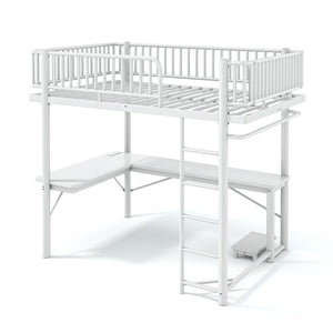 English Elm Full Metal Loft Bed with L-Shaped Desk LED Lighting and Built-In Charging Station W5305P471271