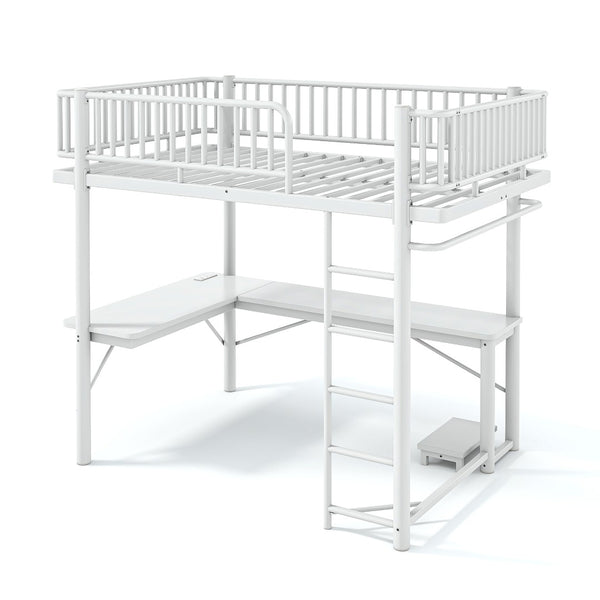 English Elm Full Metal Loft Bed with L-Shaped Desk LED Lighting and Built-In Charging Station W5305P471271