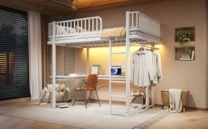 English Elm Full Metal Loft Bed with L-Shaped Desk LED Lighting and Built-In Charging Station W5305P471271