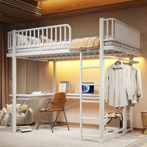 English Elm Full Metal Loft Bed with L-Shaped Desk LED Lighting and Built-In Charging Station W5305P471271