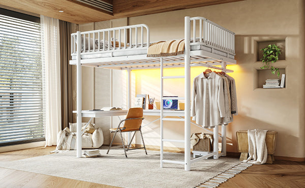 English Elm Full Metal Loft Bed with L-Shaped Desk LED Lighting and Built-In Charging Station W5305P471271