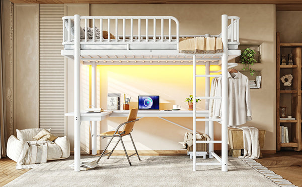 English Elm Full Metal Loft Bed with L-Shaped Desk LED Lighting and Built-In Charging Station W5305P471271
