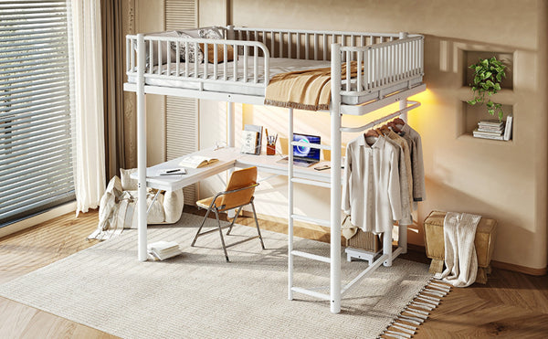 English Elm Full Metal Loft Bed with L-Shaped Desk LED Lighting and Built-In Charging Station W5305P471271
