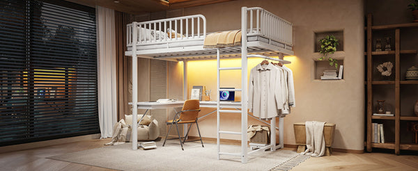 English Elm Full Metal Loft Bed with L-Shaped Desk LED Lighting and Built-In Charging Station W5305P471271
