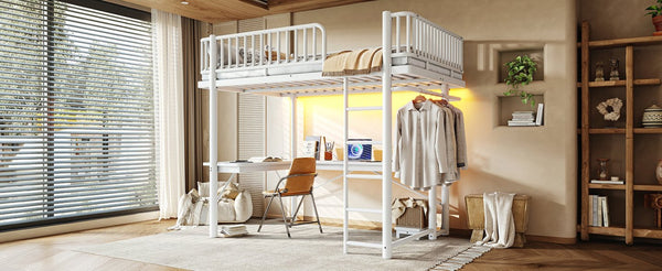 English Elm Full Metal Loft Bed with L-Shaped Desk LED Lighting and Built-In Charging Station W5305P471271