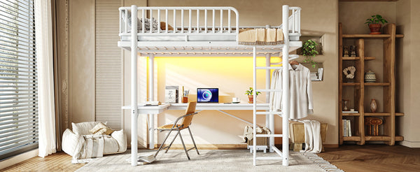 English Elm Full Metal Loft Bed with L-Shaped Desk LED Lighting and Built-In Charging Station W5305P471271