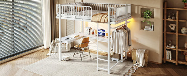English Elm Full Metal Loft Bed with L-Shaped Desk LED Lighting and Built-In Charging Station W5305P471271