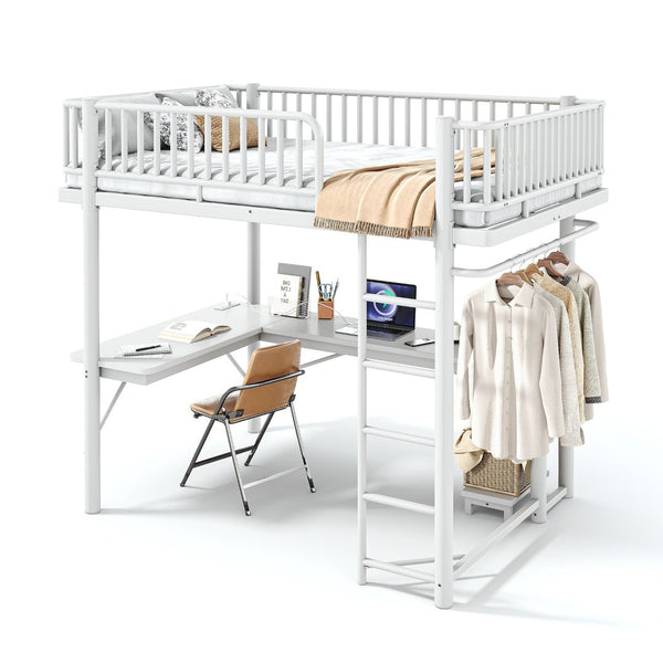 English Elm Full Metal Loft Bed with L-Shaped Desk LED Lighting and Built-In Charging Station W5305P471271