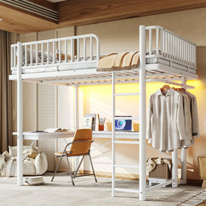 English Elm Full Metal Loft Bed with L-Shaped Desk LED Lighting and Built-In Charging Station W5305P471271