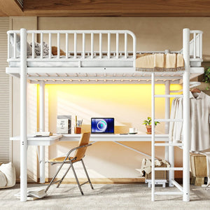 English Elm Full Metal Loft Bed with L-Shaped Desk LED Lighting and Built-In Charging Station W5305P471271