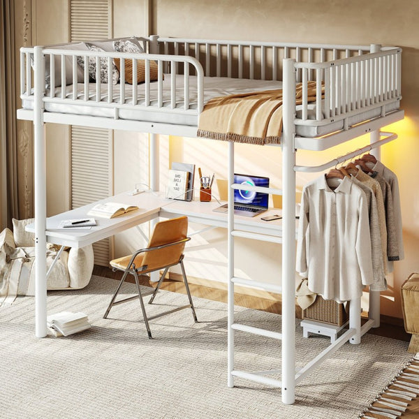English Elm Full Metal Loft Bed with L-Shaped Desk LED Lighting and Built-In Charging Station W5305P471271