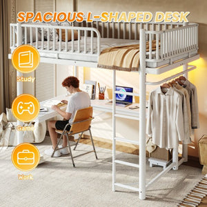 English Elm Full Metal Loft Bed with L-Shaped Desk LED Lighting and Built-In Charging Station W5305P471271