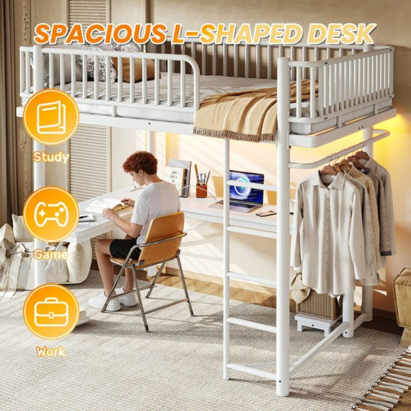 English Elm Full Metal Loft Bed with L-Shaped Desk LED Lighting and Built-In Charging Station W5305P471271