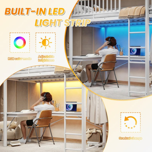 English Elm Full Metal Loft Bed with L-Shaped Desk LED Lighting and Built-In Charging Station W5305P471271